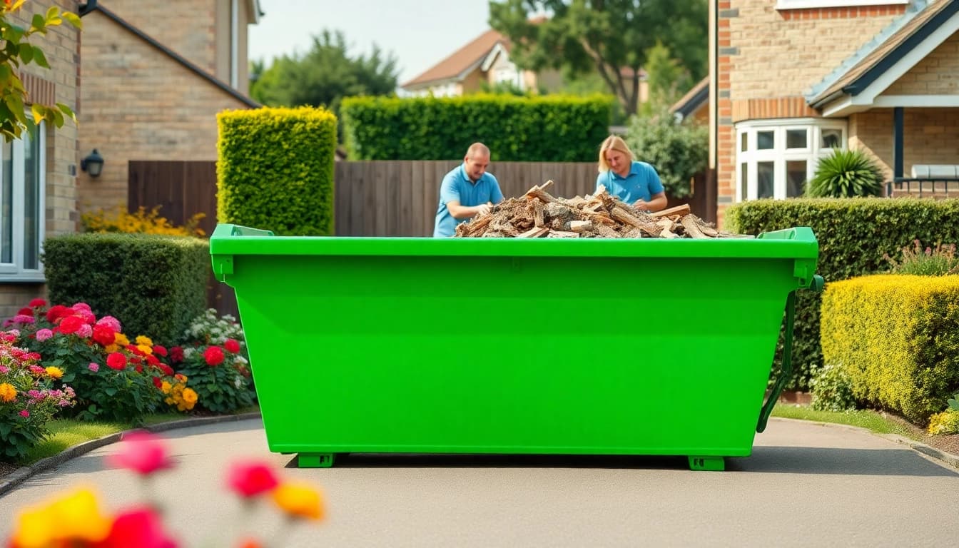 Monster Skips positioned prominently in a lush garden, highlighting reliable waste management.