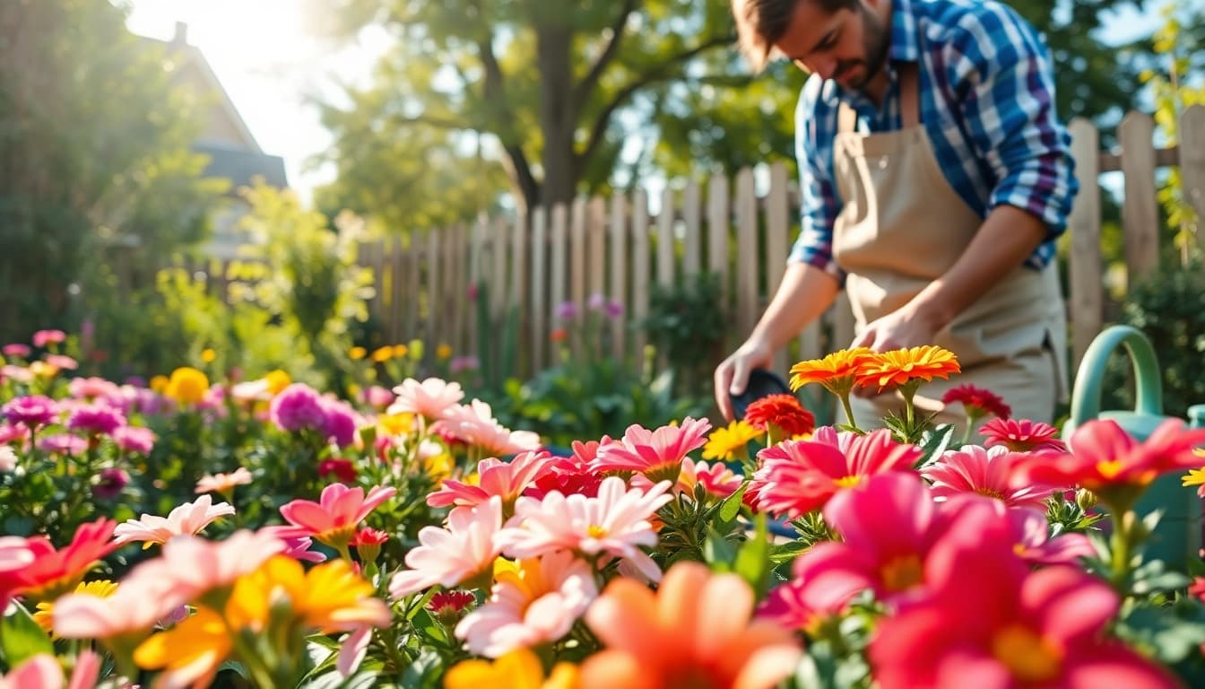Gardening enthusiast nurturing colorful blooms while surrounded by lush greenery in a sunny garden.
