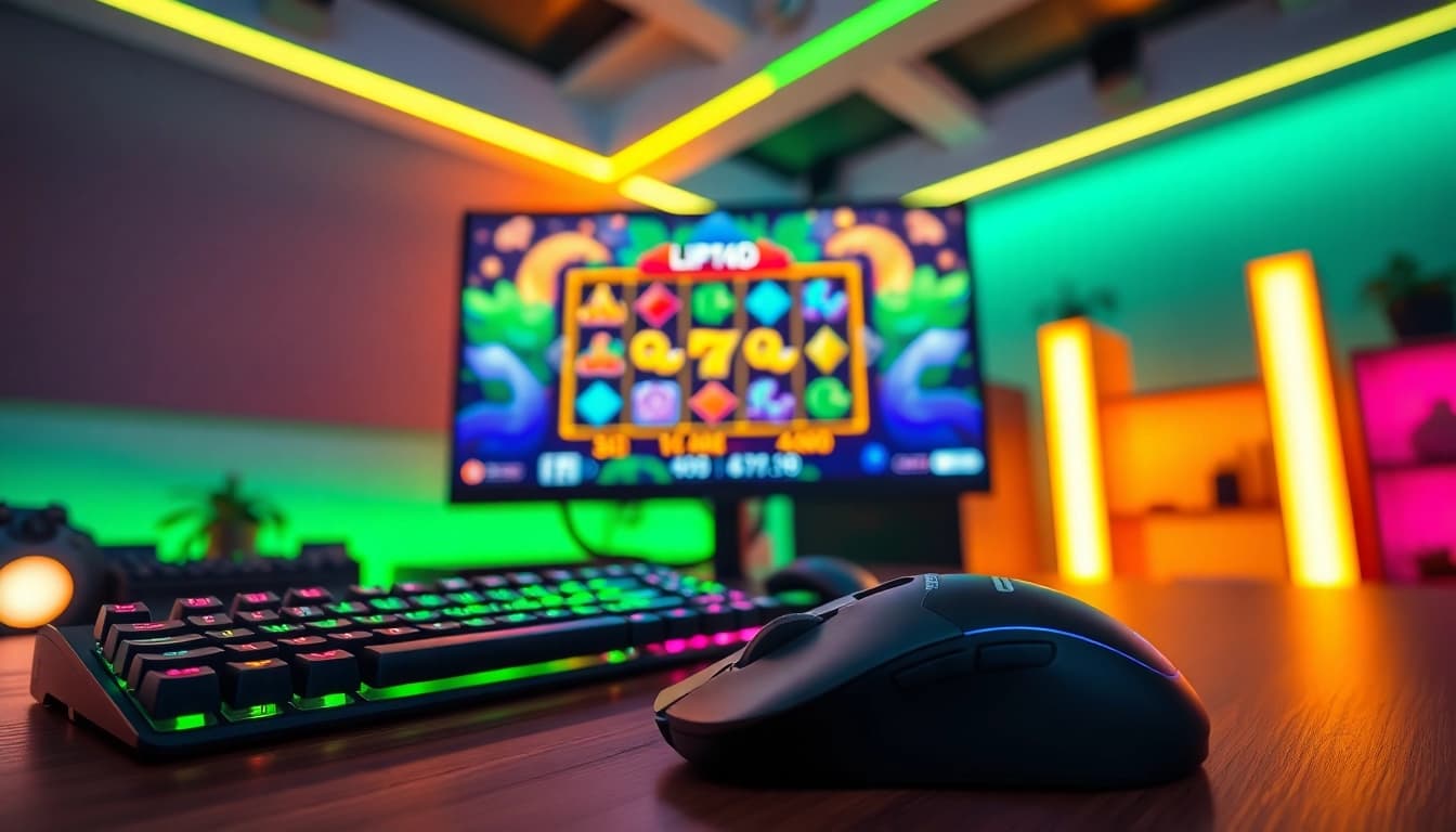 Permainan lipat4d slot yang menarik pada monitor gaming dengan alat peraga yang cerah.