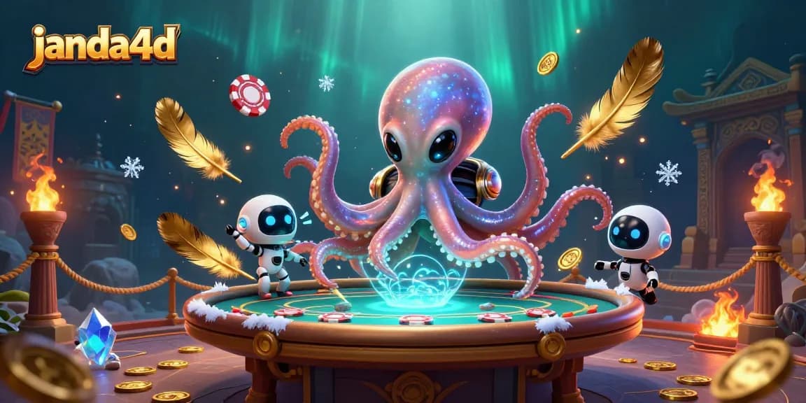 Menangkan permainan judi di janda4d dengan ilustrasi alien dan robot yang beraksi di meja poker 3D.