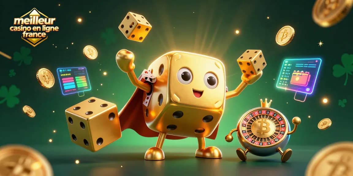 Joue au meilleur casino en ligne France avec un golem de dés dorés et des pièces de crypto-monnaie.