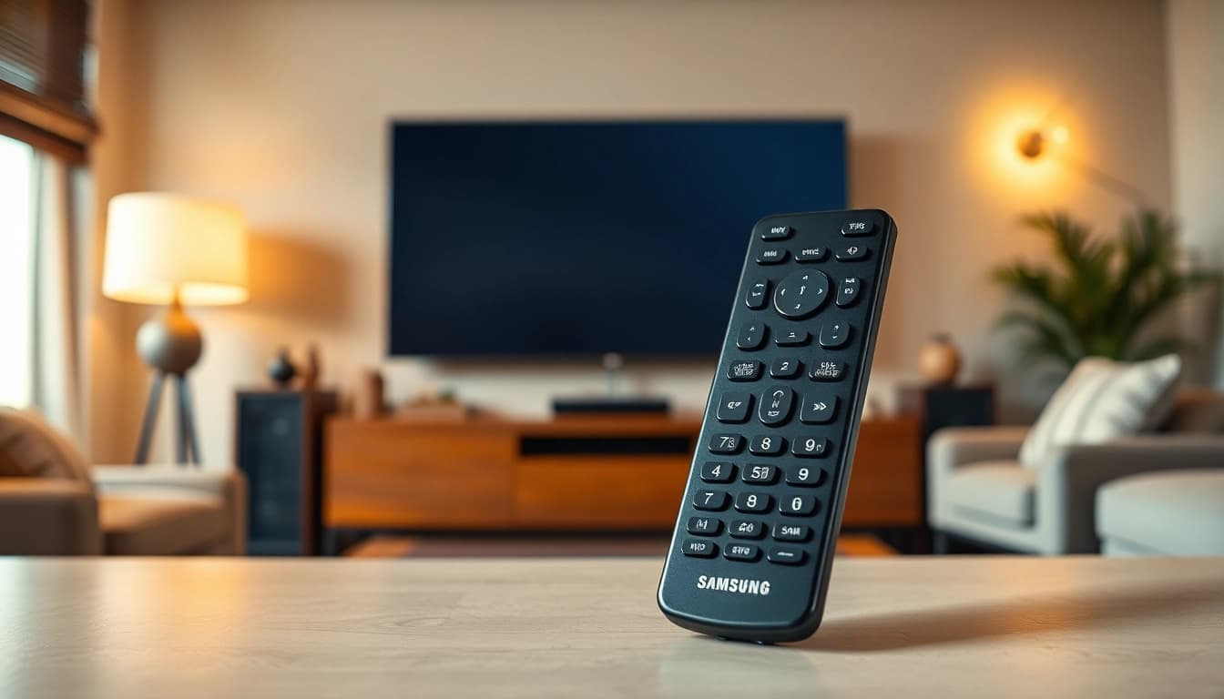 Bediene die Samsung One Remote universal original in einem modernen Wohnzimmer für optimales Fernsehen.