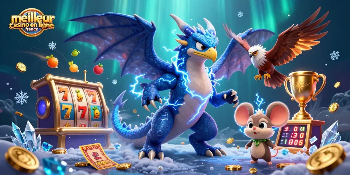 Découvrez le meilleur casino en ligne France avec une illustration dynamique captivante de dragons et jackpots.