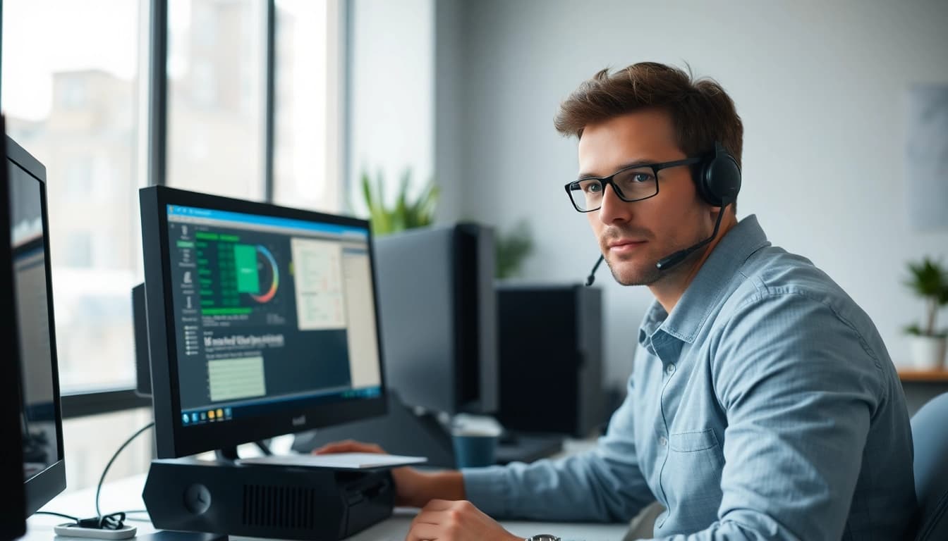 Offering expert computer help near me with a technician attentively working on a desktop.