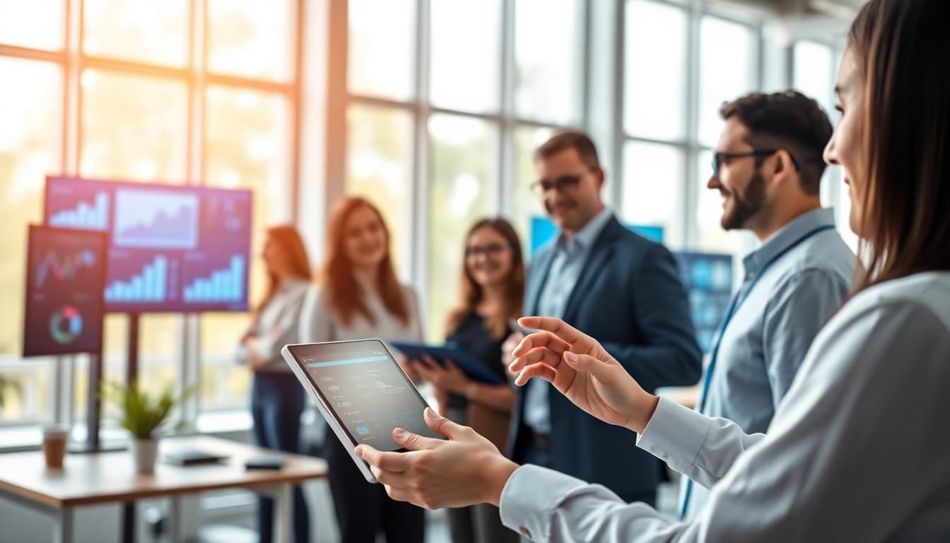 Illustration of an enterprise ai assistant facilitating collaboration among professionals in a modern workspace.
