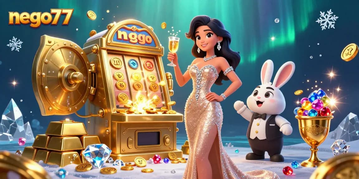 Nego77 players celebrating wins beside a jackpot slot machine adorned with gems and gold.