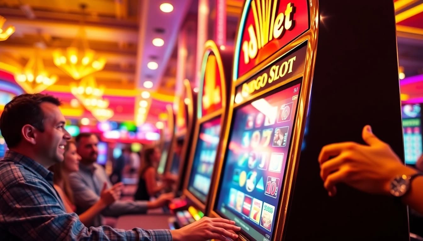 Menangkan dengan Indosga slot, para pemain kasino bersenang-senang di mesin slot berkilau.