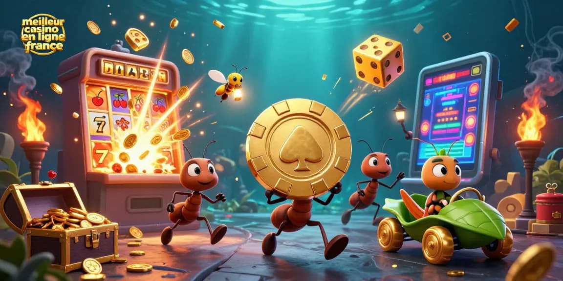Illustration d'une équipe de fourmis transportant une grande puce de poker pour le meilleur casino en ligne France.