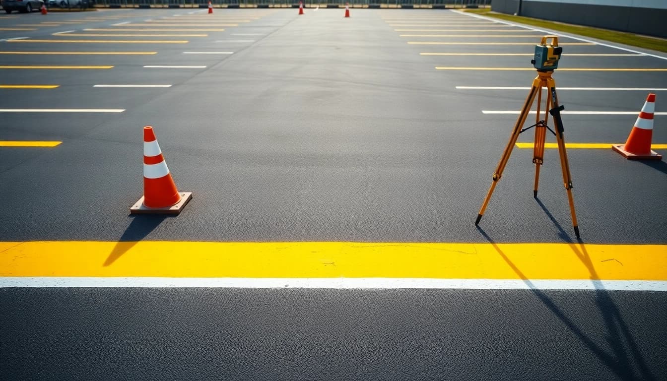 Enhancing visibility of parking lot restriping Jackson MS with freshly painted lines and cones.
