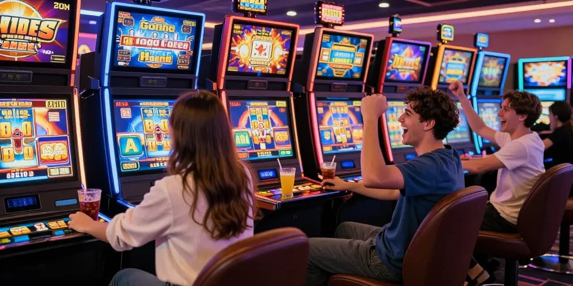 Excited players enjoying slot games in a lively online casino environment