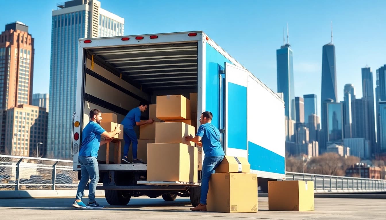 Moving Company team efficiently packing moving boxes into a truck in vibrant Chicago.