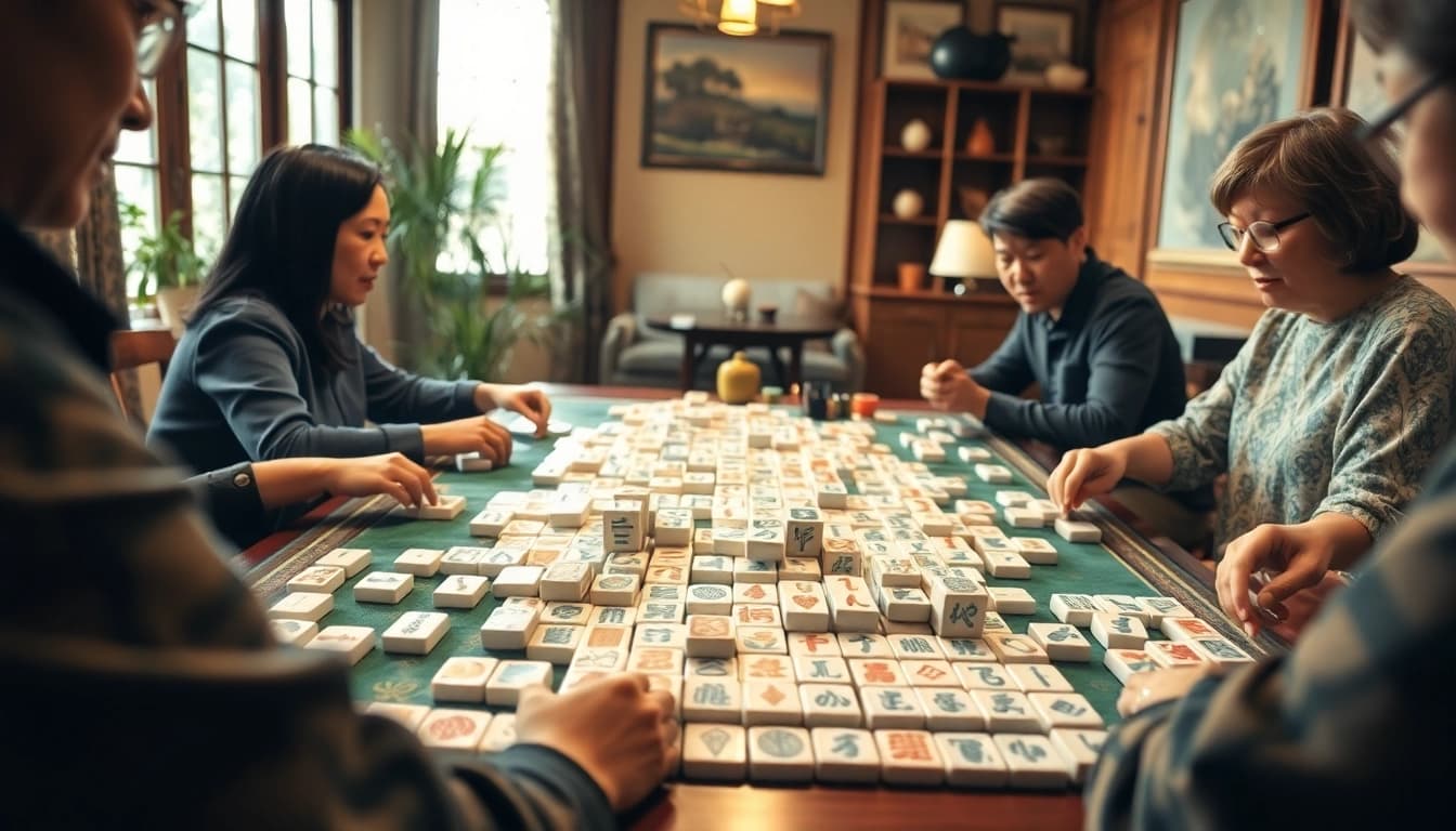 Permainan mahjong yang menarik dengan pemain yang terlibat dan tata letak ubin yang indah.