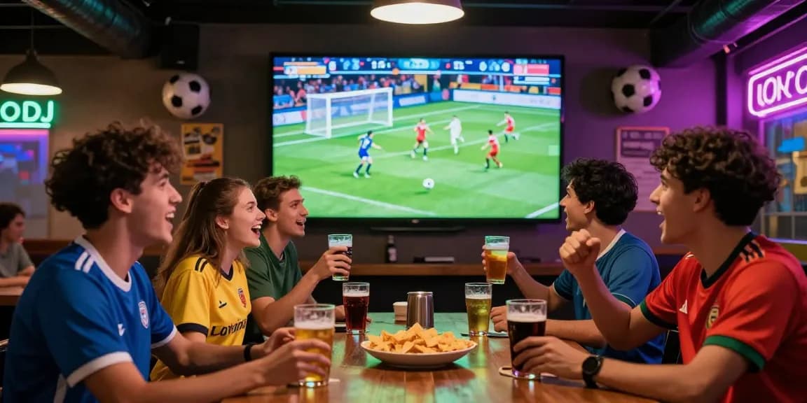 Menonton bola di BOLAKAMI dengan kualitas HD bersama teman-teman di bar olahraga.