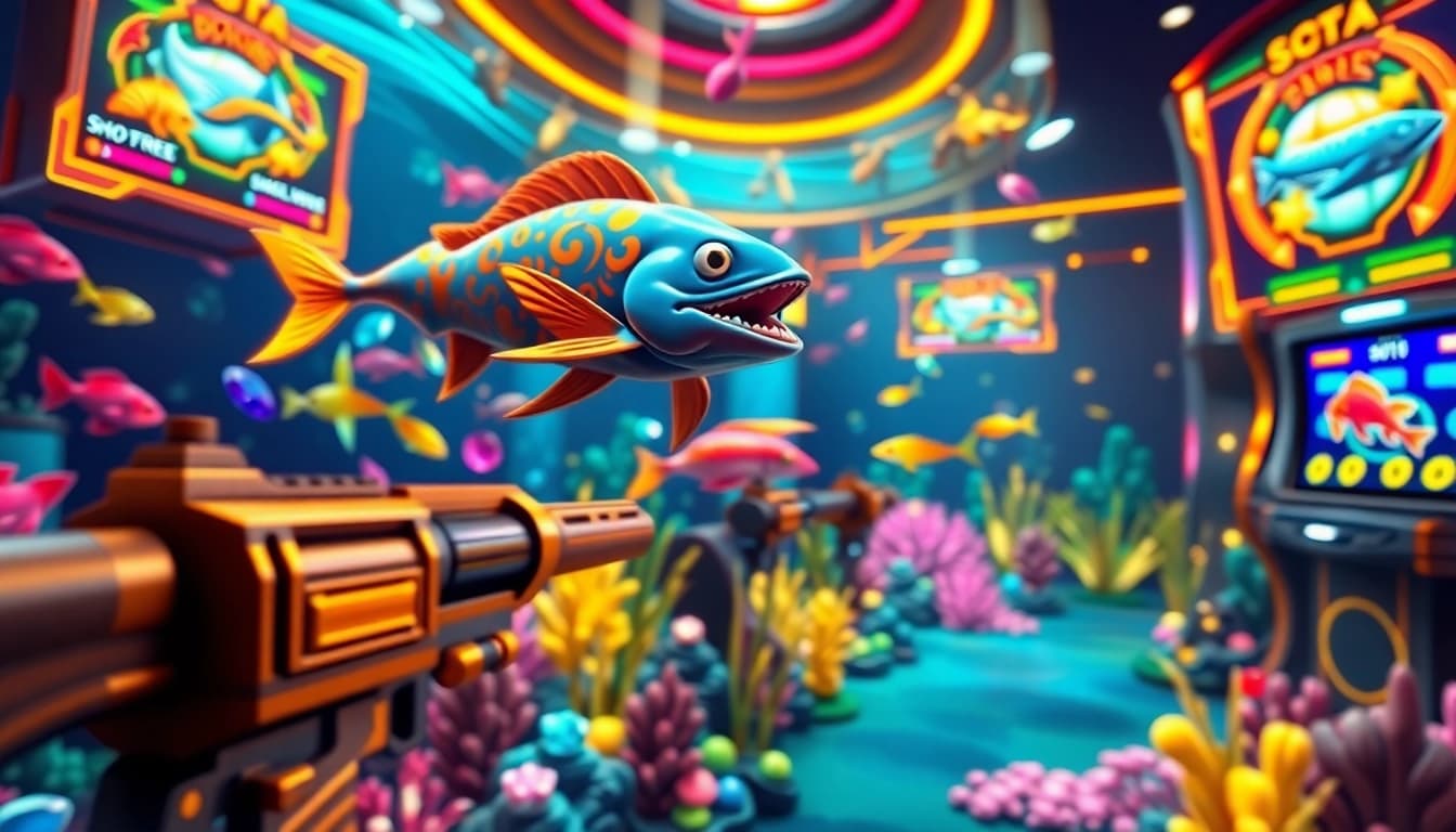 bắn cá đổi thưởng game scene featuring colorful fish and 3D firearms in an underwater casino environment