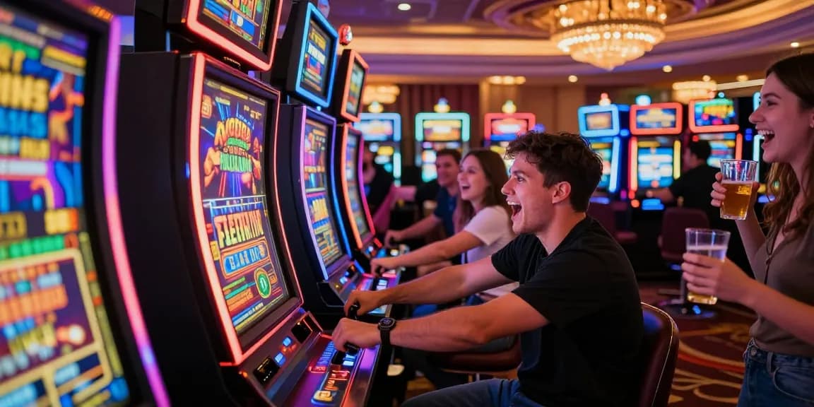 Player at a slot machine in a bustling casino, experiencing excitement.
