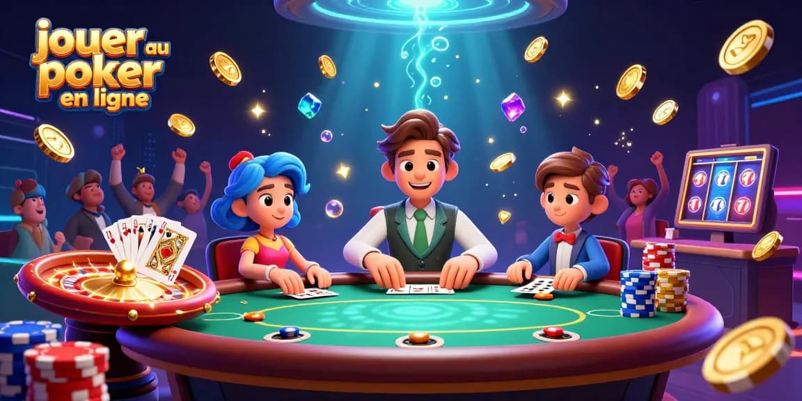 Jouer au poker en ligne avec des personnages animés autour d'une table, entourés de jetons et de cartes.