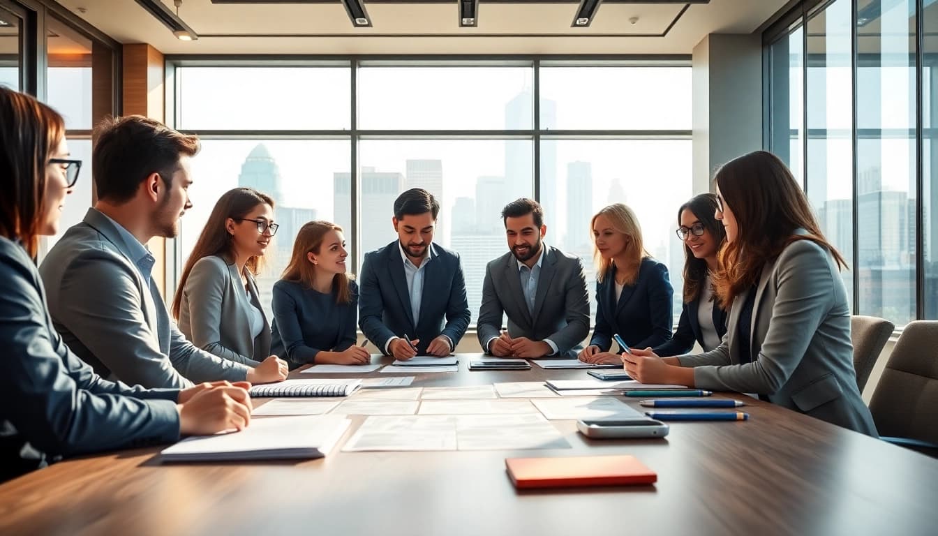 Engaged business team collaborating effectively in a modern workspace setting.