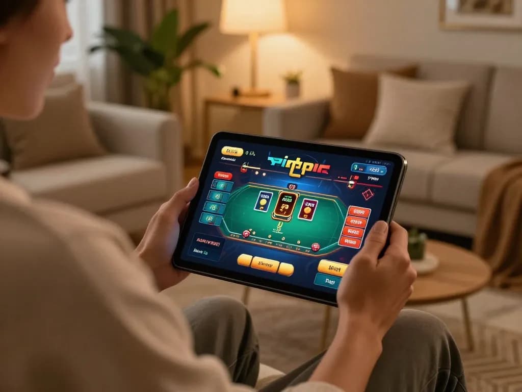Engaging in a strategic game on Rikvip, showcasing a cozy home gaming setup with vibrant visuals.