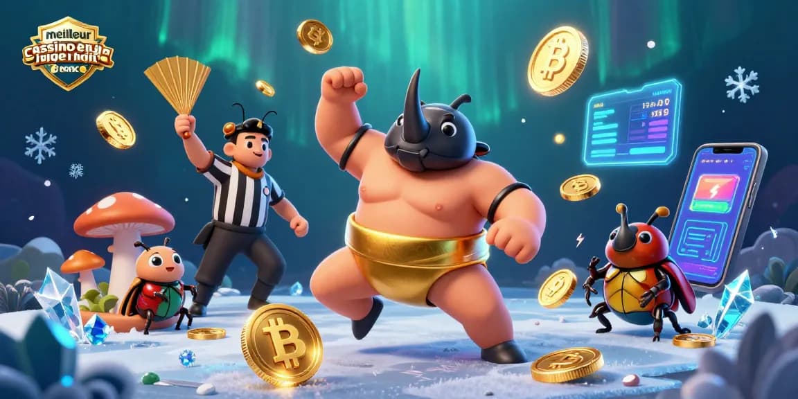 Meilleur casino en ligne France : illustration d'un scarabée sumo en action, pièces d'or s'envolant.