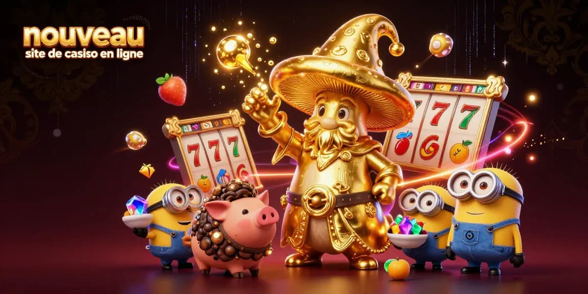 Profitez d'une illustration captivante représentant un nouveau site de casino en ligne avec des éléments magiques et des jackpots.