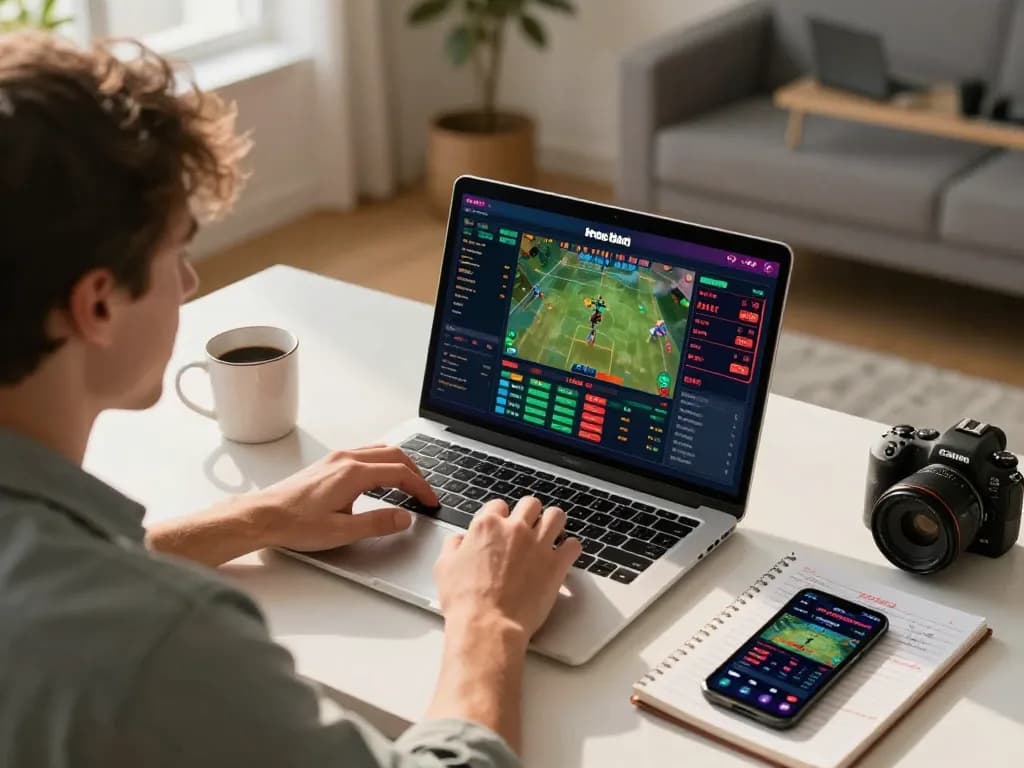 The excitement of online sports betting at TG88 with a user analyzing game stats on a laptop.