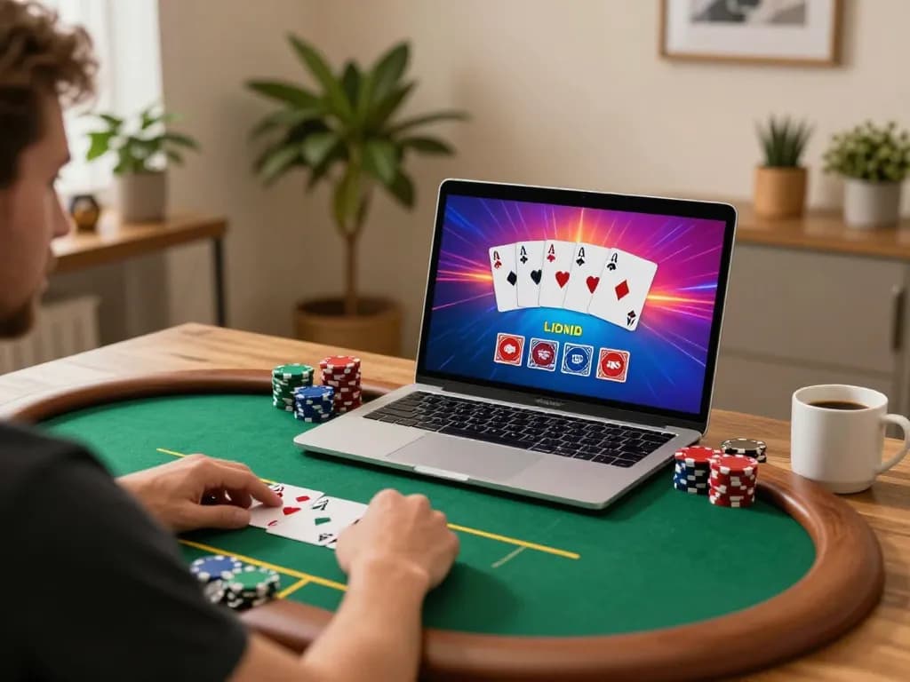 Player engaging with dn88 online poker game at home, showcasing strategic gameplay in a cozy environment.
