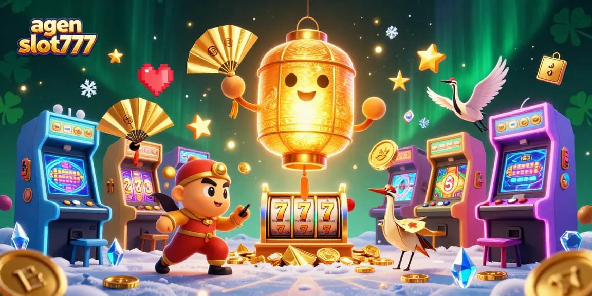 Engage with agen slot777 in a lively casino scene featuring a glowing lantern spirit and dynamic elements.
