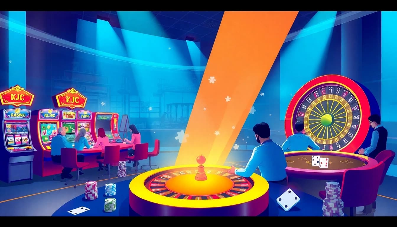 Dynamic casino floor featuring KJC AC 1 branding, with players at tables, and exciting gaming activities.