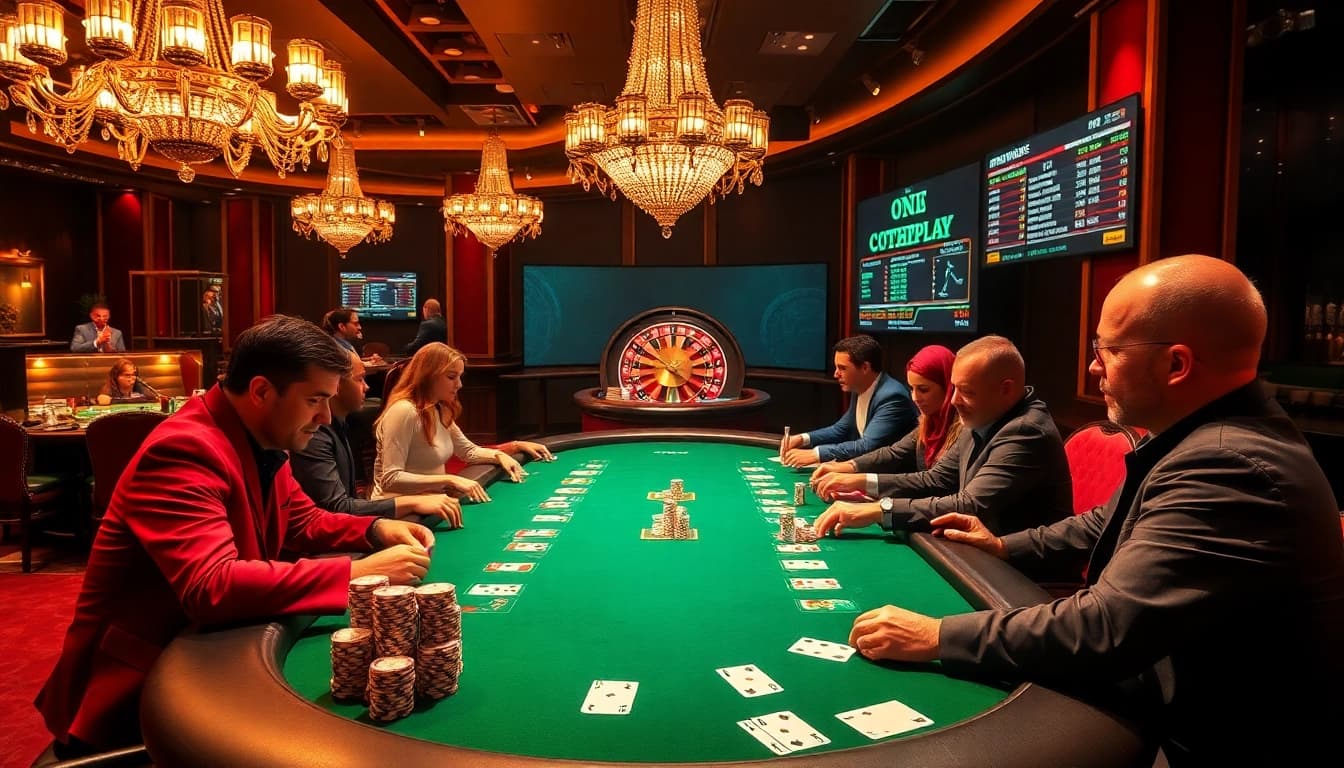 Experience intense gameplay at an onicplay poker table in a luxurious casino setting.