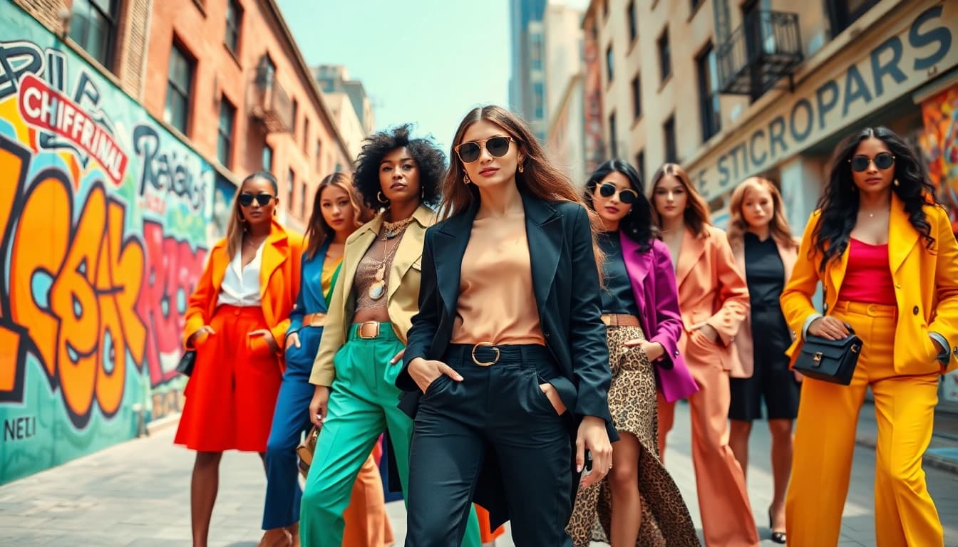 Fashion models display trendy outfits in an urban setting, showcasing vibrant styles and confidence.