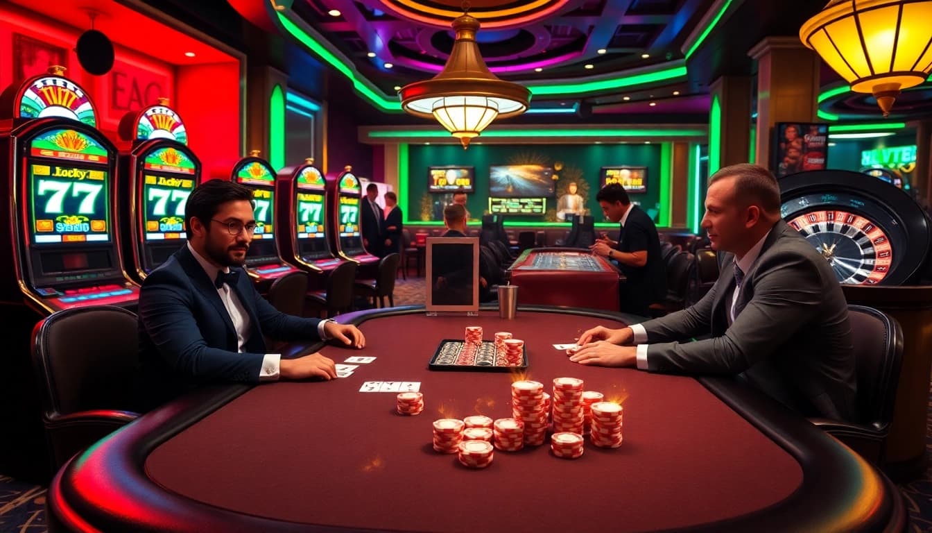 Engaging scene of casino players enjoying poker while showcasing seven77 on vibrant slot machines.