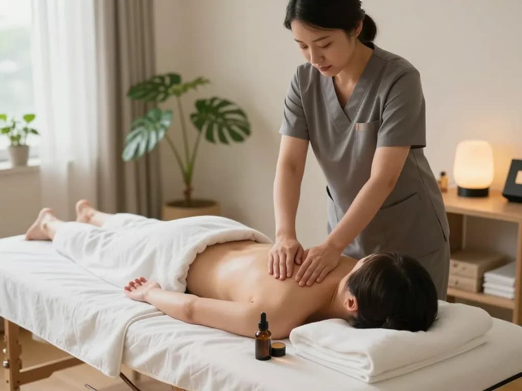 Relaxing home massage scene featuring professional service from https://www.maxim-anma.net, highlighting serene atmosphere and soothing oils.