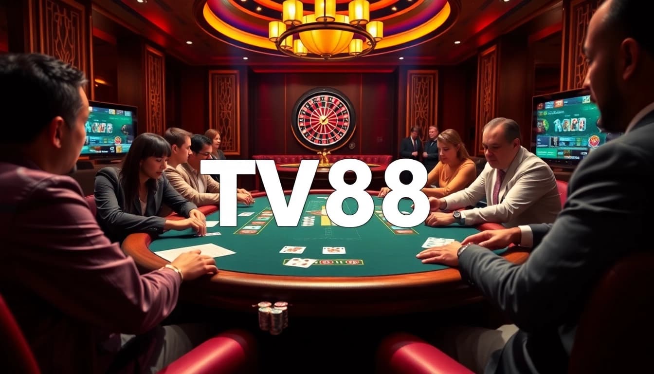 Experience high-stakes gambling action at TV88 casino with vibrant poker tables and excited players.