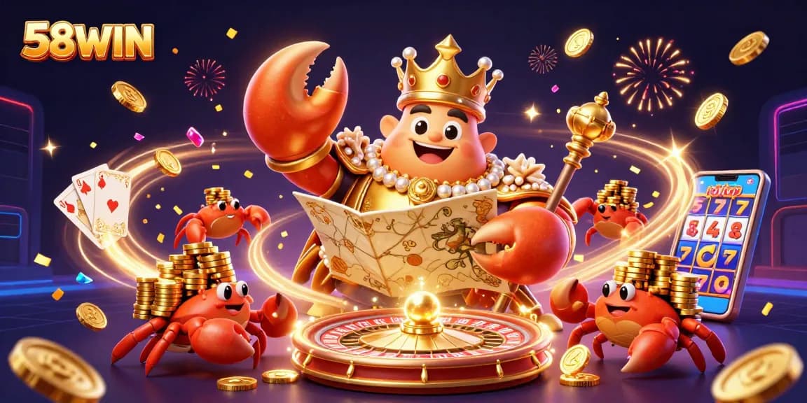 Experience the vibrant gaming world of 58WIN with dynamic characters, golden treasures, and exciting casino elements.