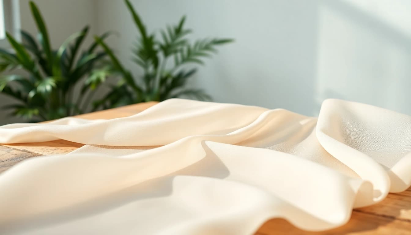 Mousseline stof met delicate lagen op een rustieke houten tafel, belicht door natuurlijk zonlicht.