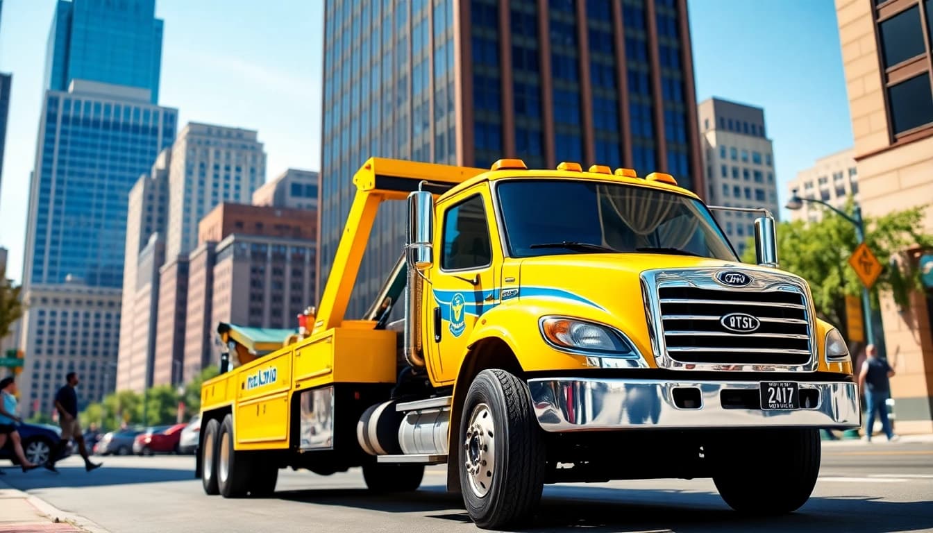 View of a 24 hour tow truck Nashville ready for service in downtown Nashville.