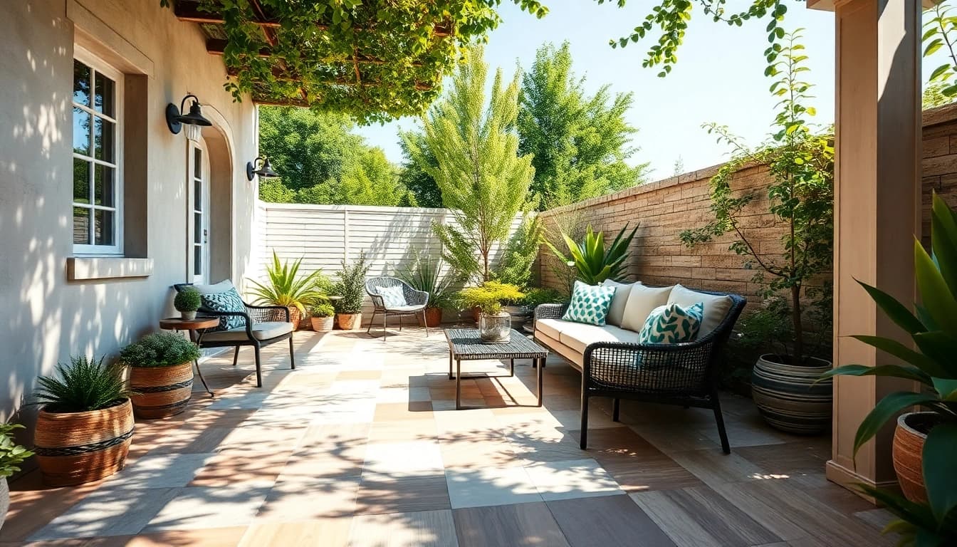 Mise en valeur du carrelage extérieur sur une terrasse extérieure élégante avec des designs de carreaux variés.