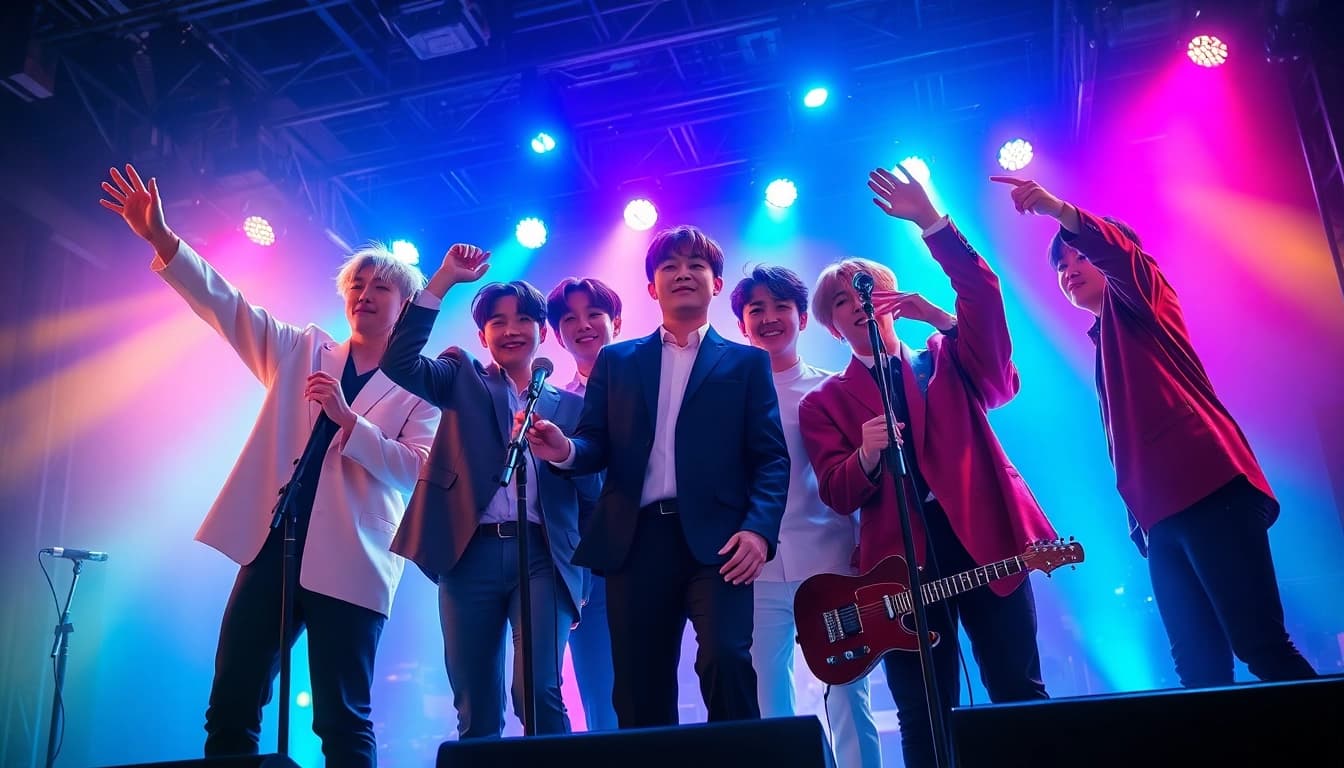 BTS members performing passionately on stage with vibrant lighting and dynamic poses.