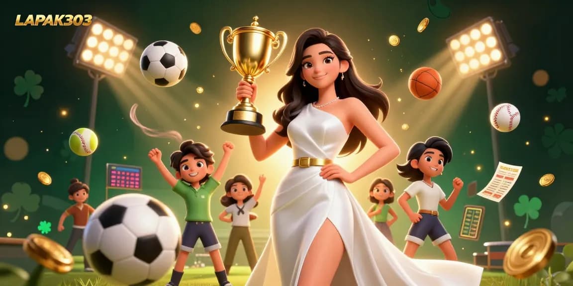 LAPAK303 champions celebrate with a golden trophy amidst dynamic sports betting elements.