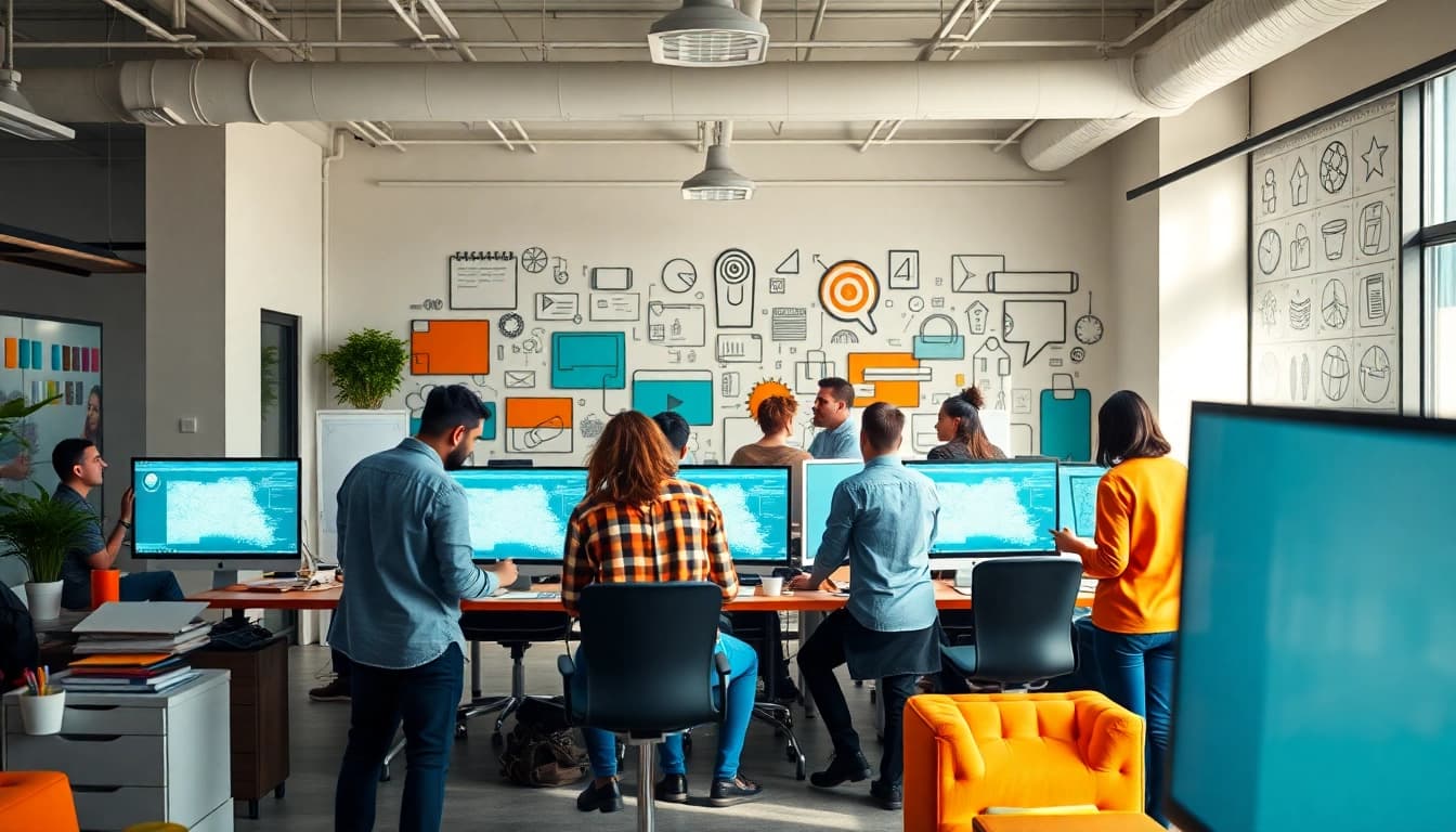 Capturing the essence of a Creative agency team engaged in dynamic projects within a vibrant office.