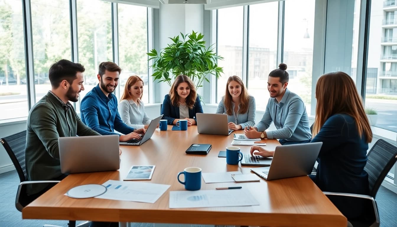 Engaged team of social media marketing companies edmonton collaborating in a bright office.