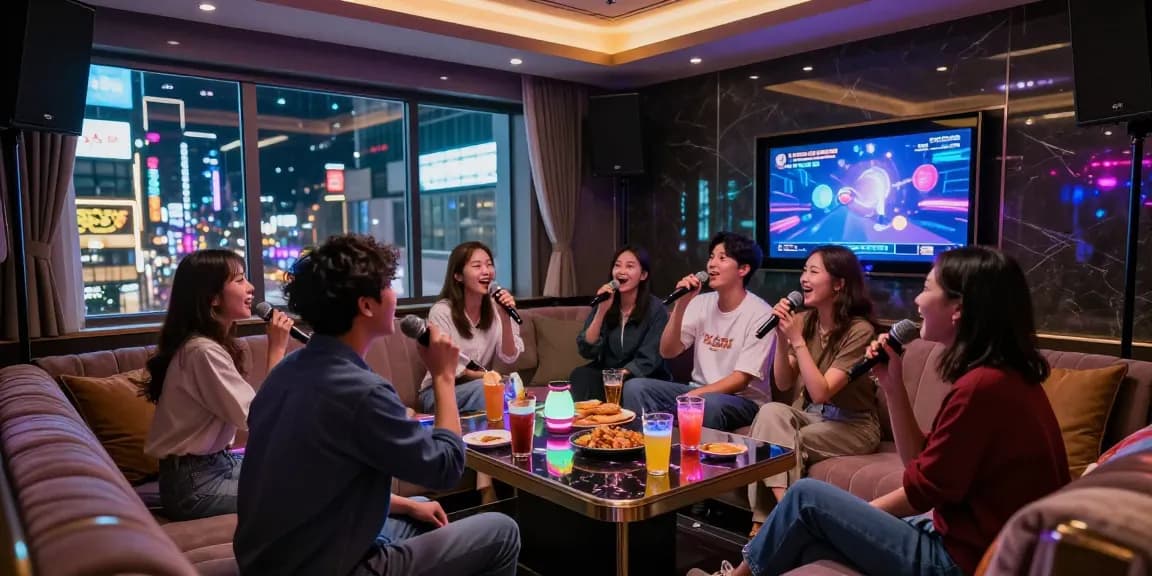 강남 가라오케에서 친구들과 즐거운 노래 세션을 즐기는 모습, 고급스러운 인테리어와 분위기 있는 조명이 돋보입니다.
