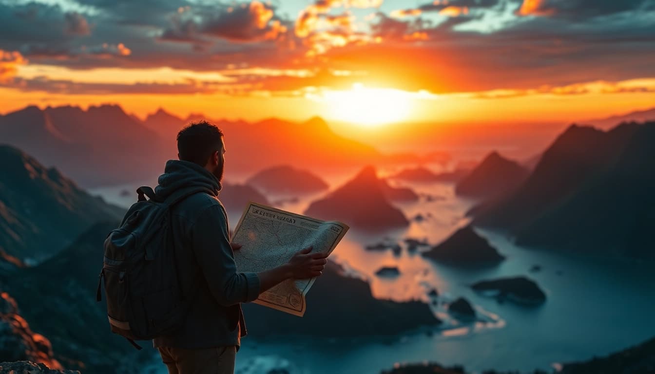 Journeying figure representing odyssey meaning origin in a stunning sunset landscape.