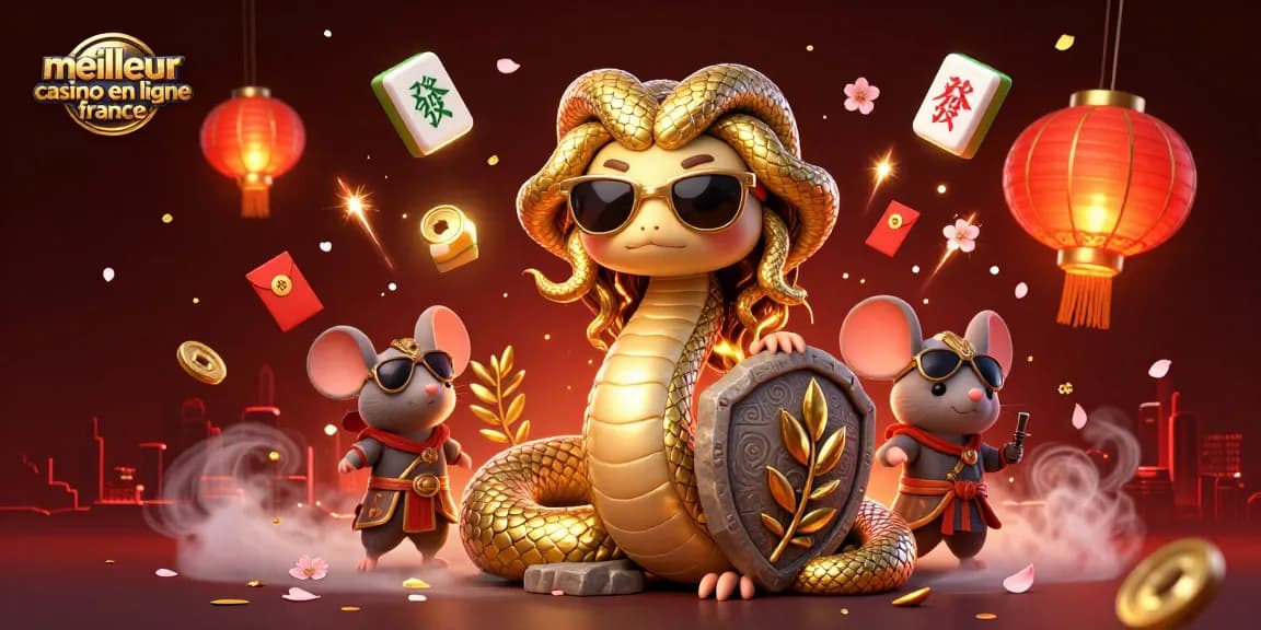 Illustration 3D représentant le meilleur casino en ligne France avec Medusa et un guerrier sur fond dynamique.