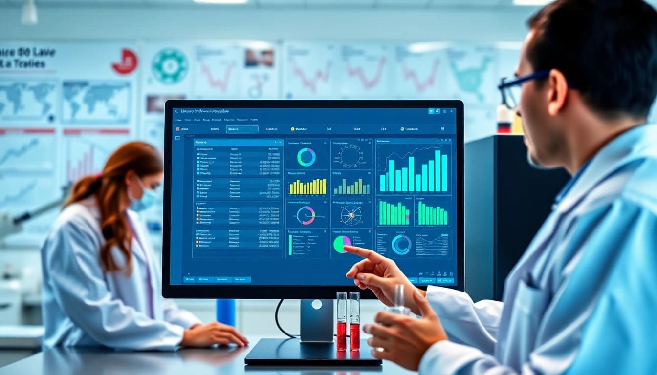 Laborinformationssystem LIS in einem modernen Laborumfeld, während Wissenschaftler mit der Software interagieren.