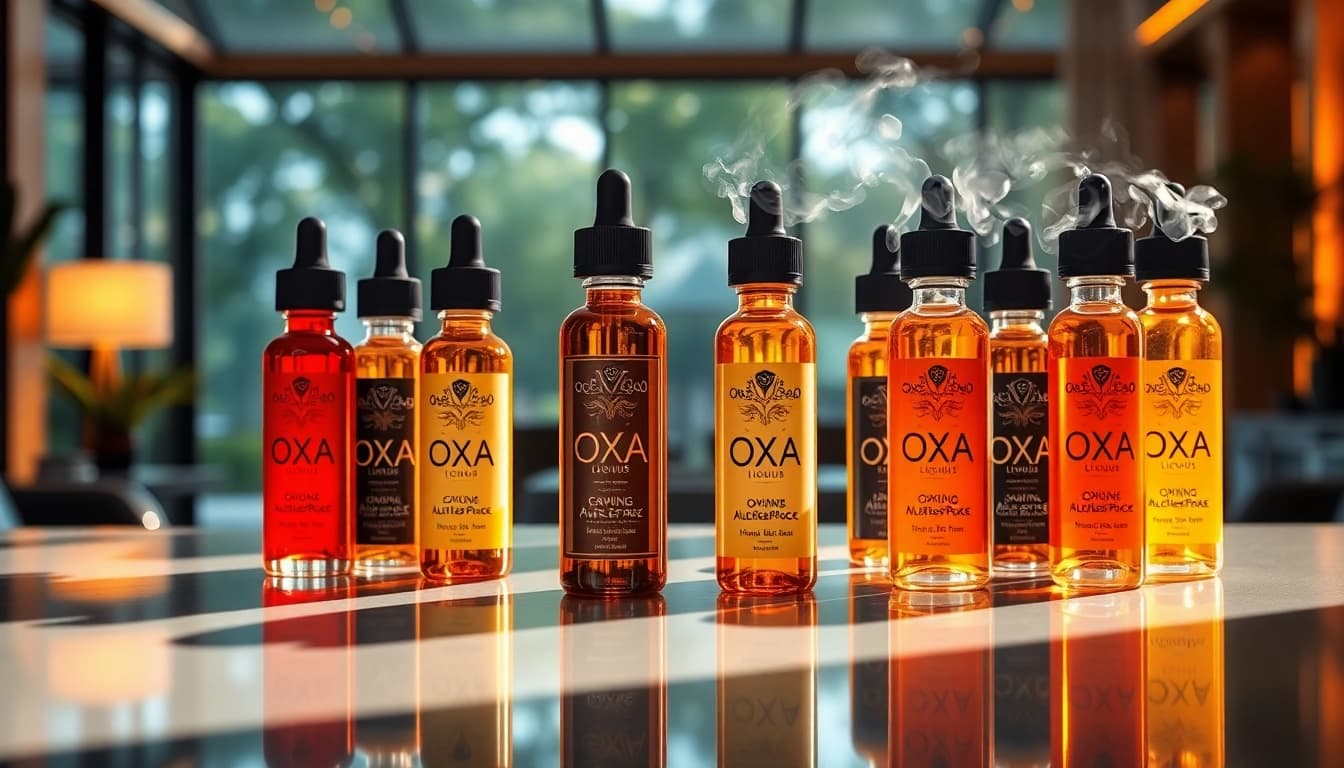 Oxva Liquid präsentiert in einer geschmackvollen Anordnung von Flaschen mit klaren Etiketten.