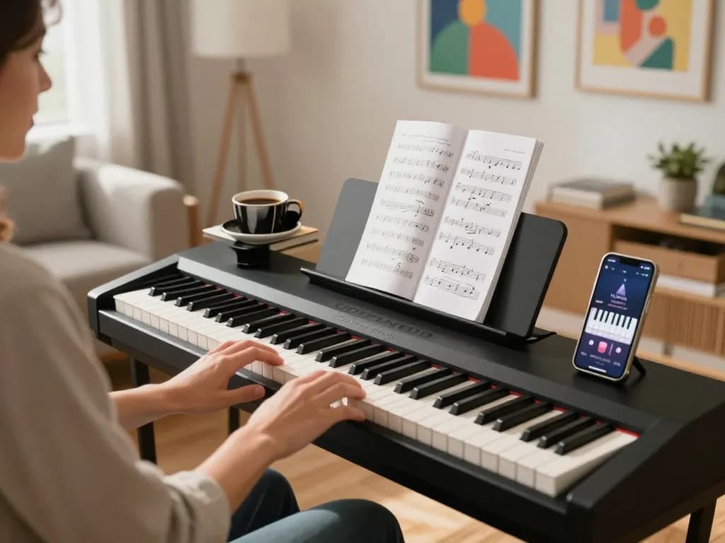 Engaging young musician practicing go 88 on Roland piano in a cozy living room.