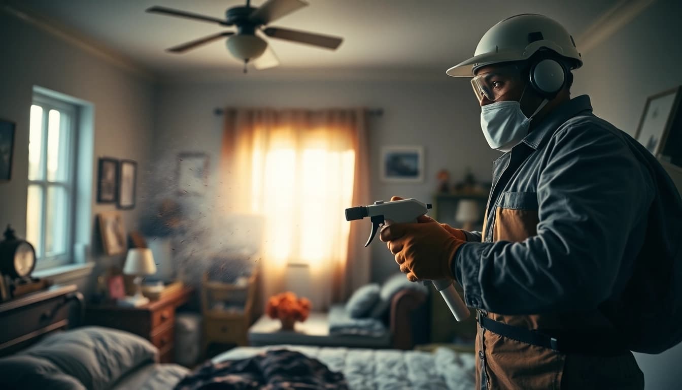 Bed bug exterminator actively treating an infested bedroom, showcasing urgency and professionalism.