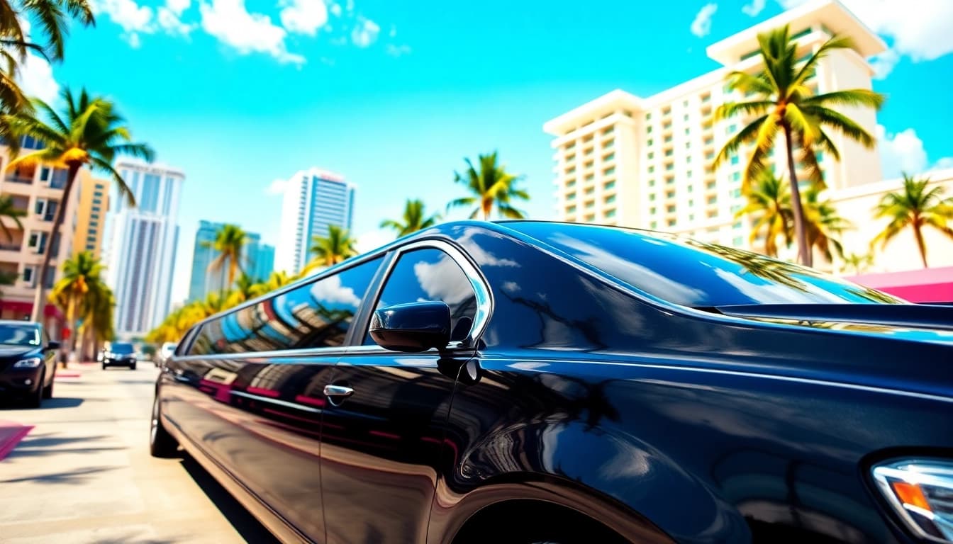 Experience Miami limousine service with a luxurious black limo parked in a vibrant urban setting.