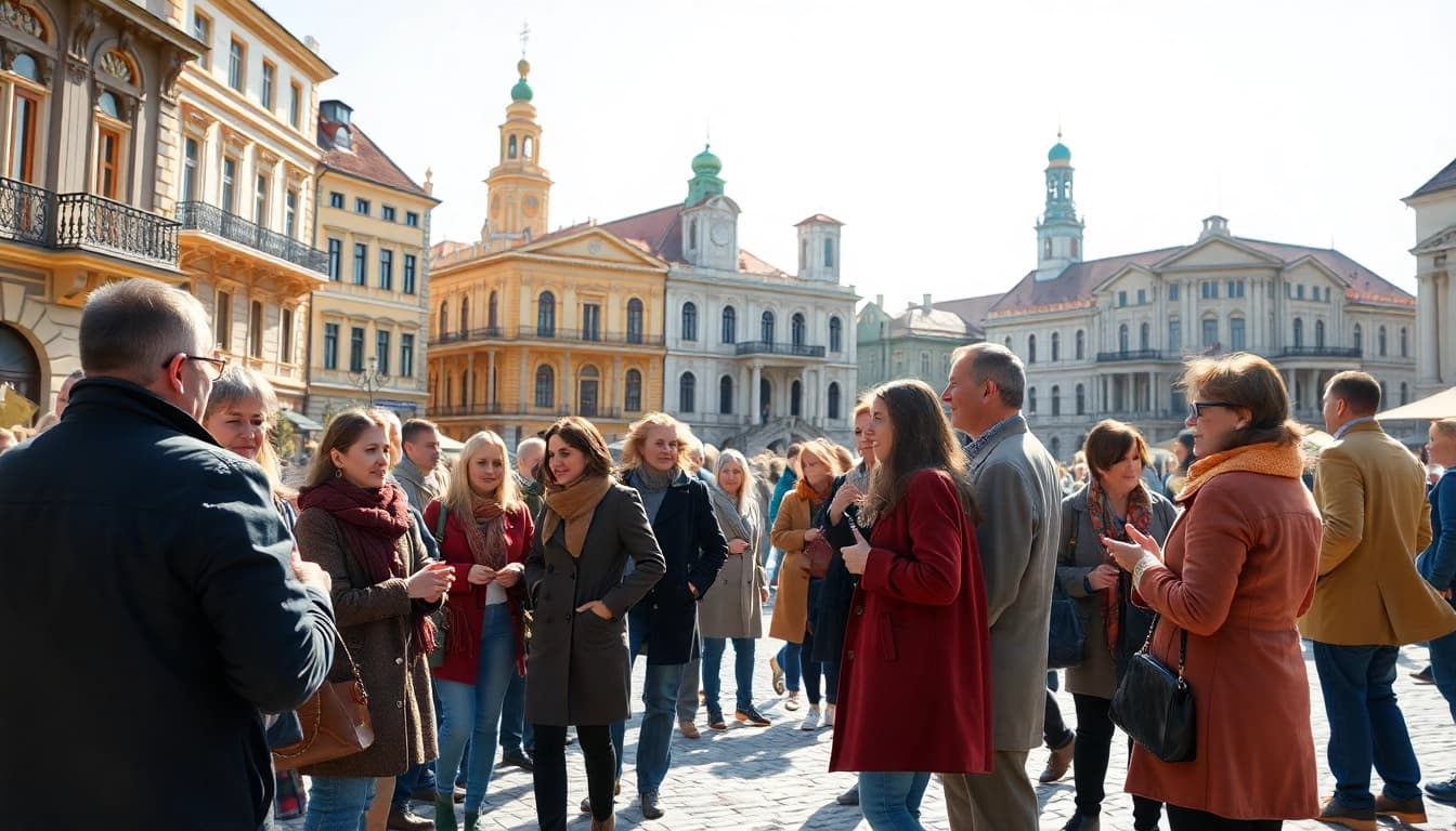 Locals engaging in discussions at a city square, highlighting community spirit at https://sumytoday.in.ua